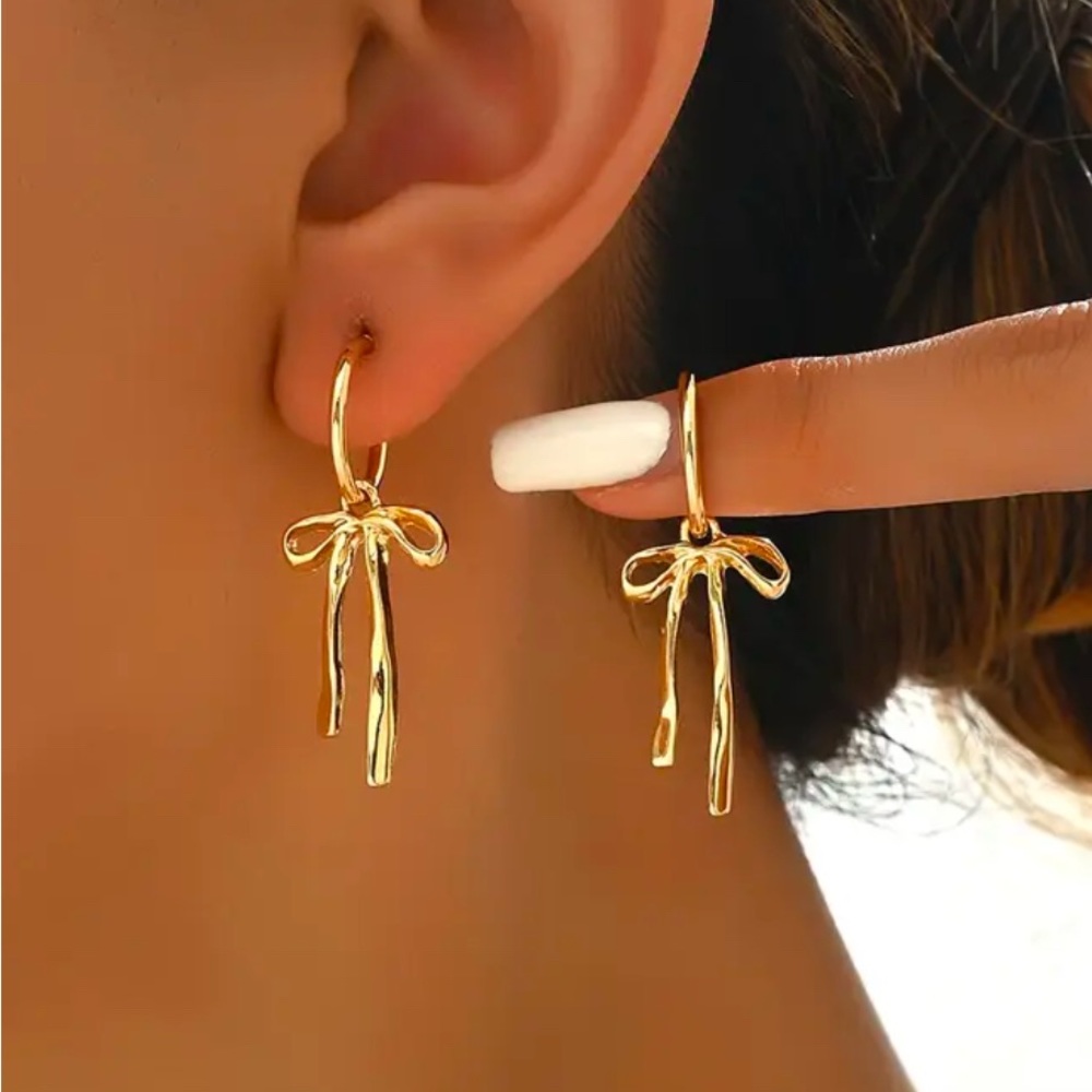 Gold Bow Drop Earrings, Golden Bowknot Design, plated not real‎ gold